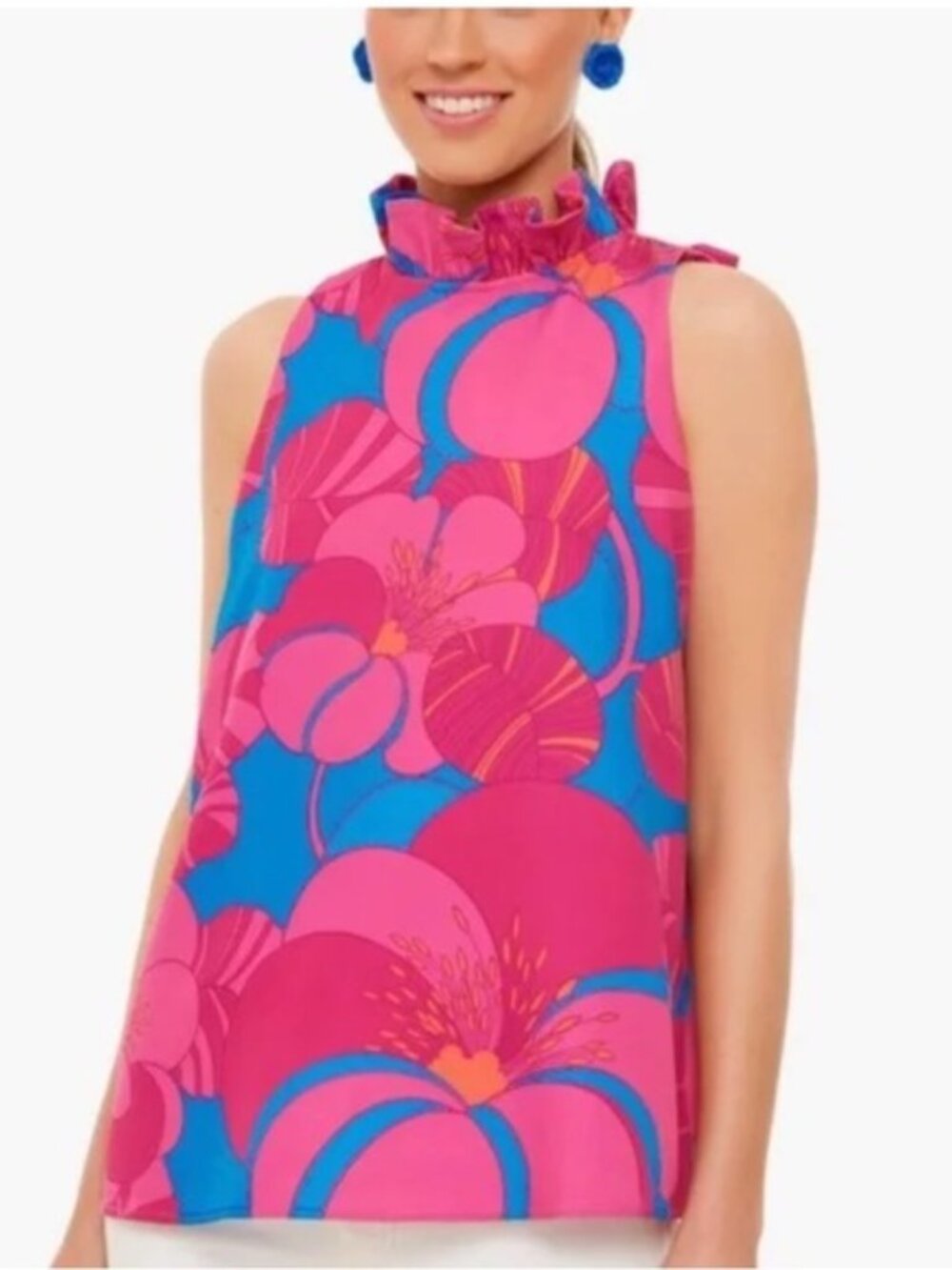 Tuckernuck Pink and Blue Floral Ruffle Neck Sleeveless Top - Picture 4 of 4